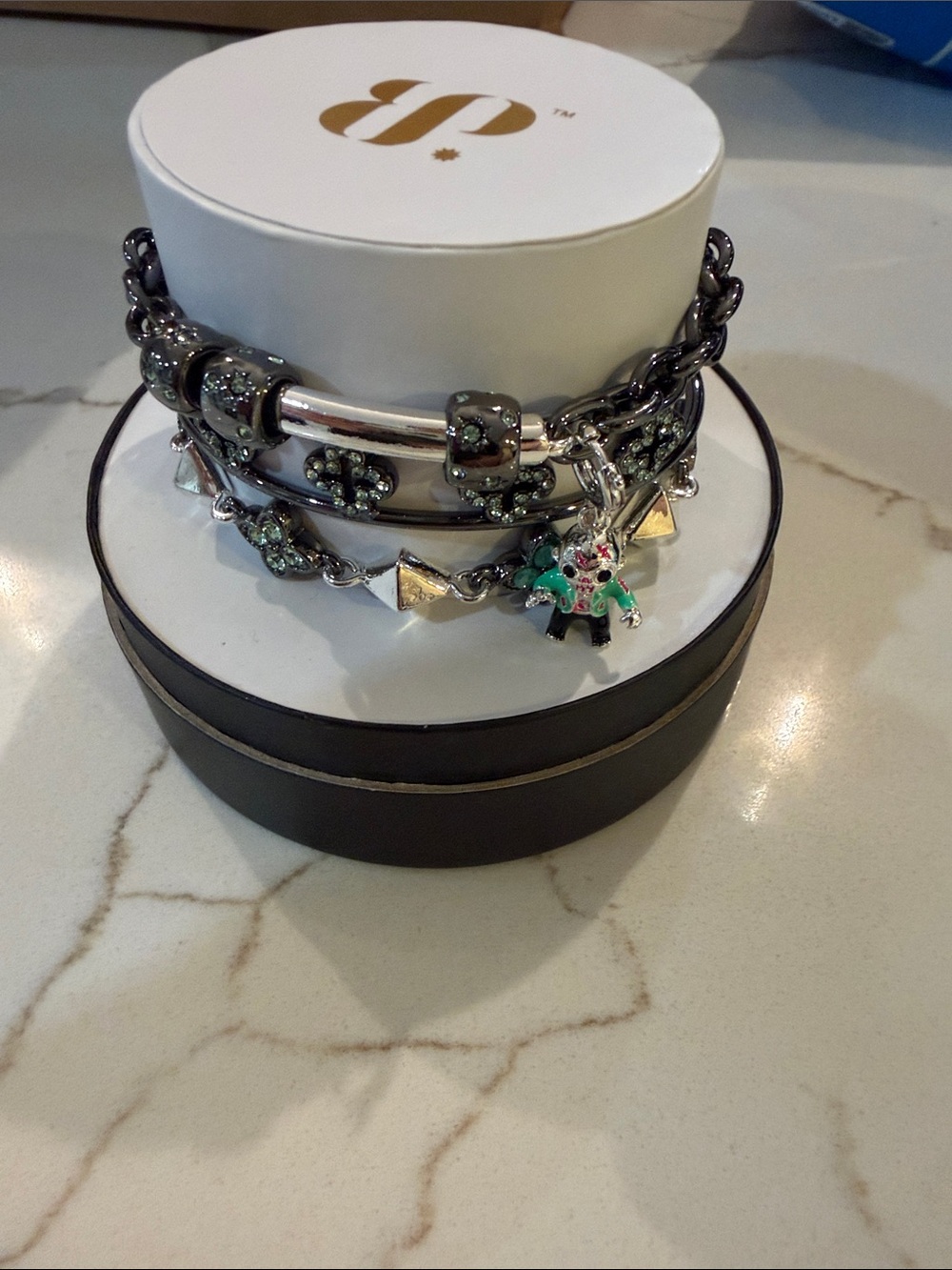 Gunmetal Multi-Strand Charm Bracelet with Green Enamel Accents